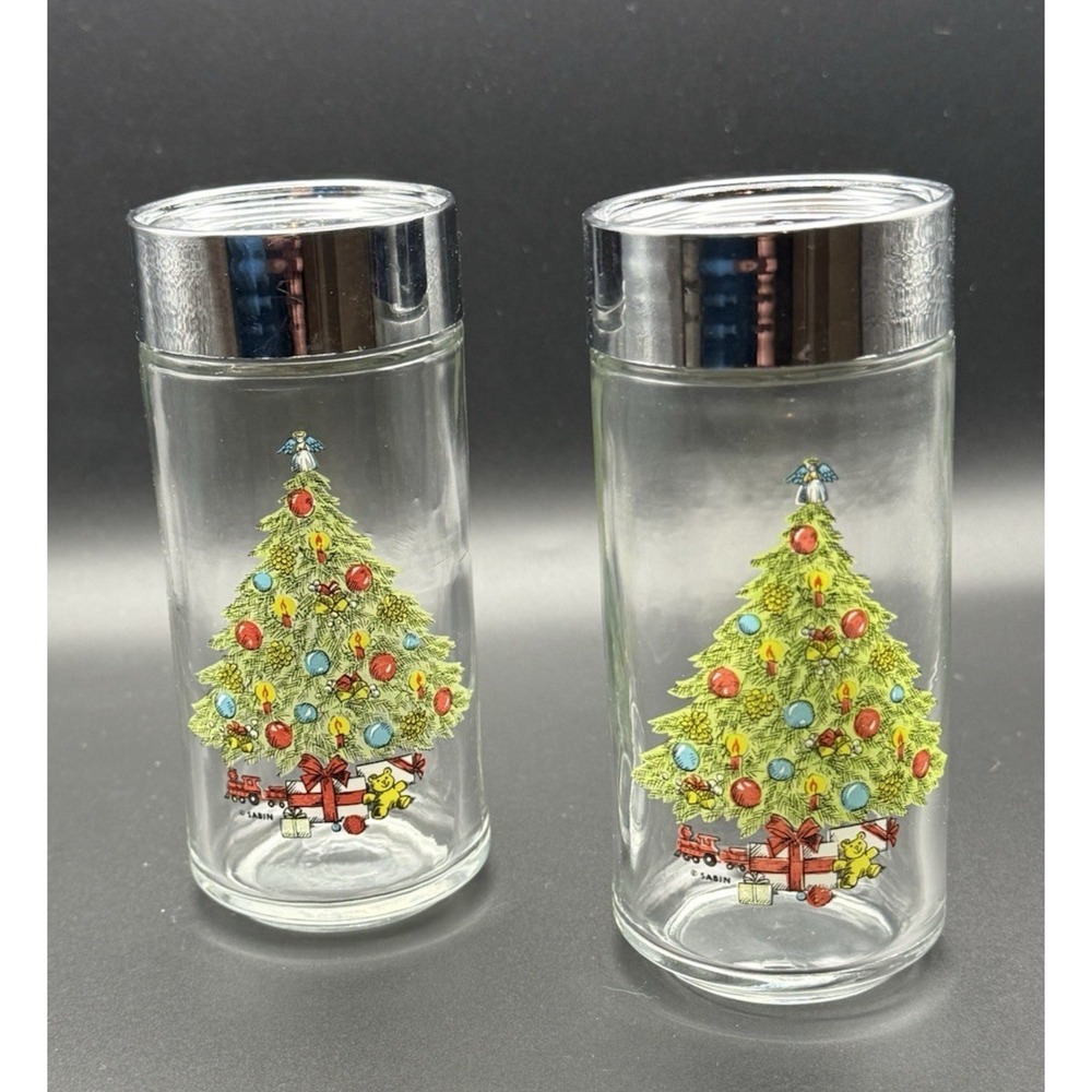 Vintage Sabin Christmas Tree Glass Salt & Pepper Shakers Chrome Lids Set 2 EUC